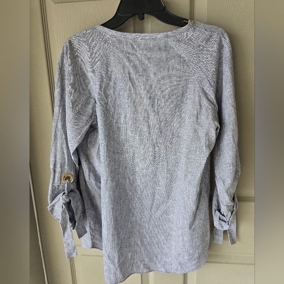 $110 Michael Kors Linen Blend Blouse Sz M White Blue Women Striped 3/4 Sleeves - Picture 12 of 13